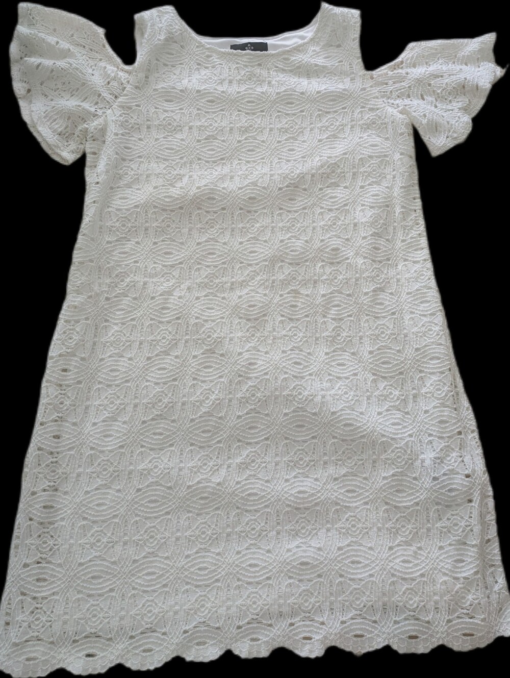 70s Style Lace Mini Dress Size PL White Cold Shoulder Ruffle Scalloped Lined